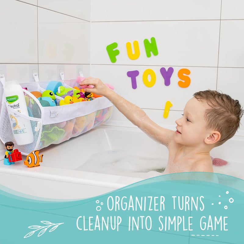 Comfylife Large Bath Toy Organizer - 3 Compartment Bath Toy Holder for Bathtub & Shower - Quick-Dry Mesh with 4 Strong Adhesive Hooks - Kids Toys Storage Net for Bathroom  shower & Tub - Image 5